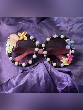 Decorative Black Beaded oversized Round Sunglasses with sea creature Accents